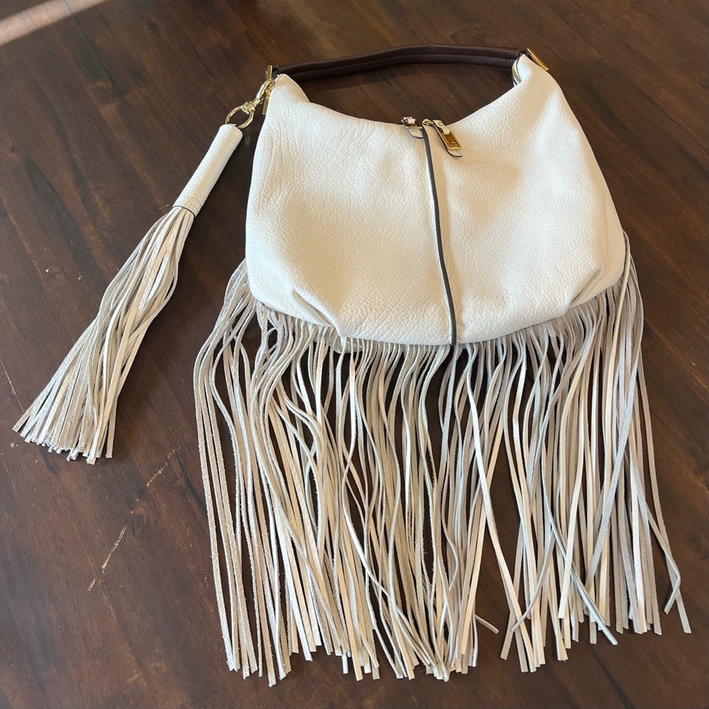 Fringed Cream Genuine Leather Hobo / Cross Body Bag w Tassel